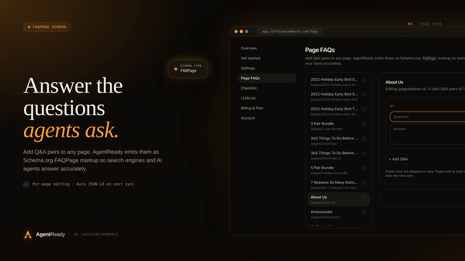 AgentReady Page FAQs editor showing per-page Q&A pairs with FAQPage schema preview
