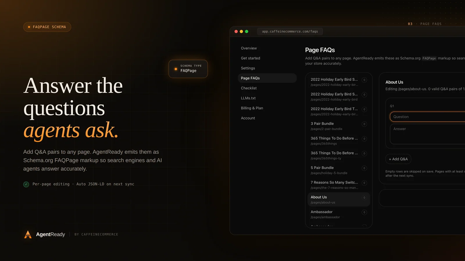AgentReady Page FAQs editor showing per-page Q&A pairs with FAQPage schema preview