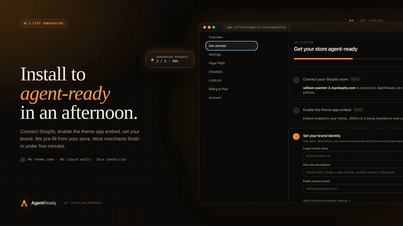 AgentReady 5-step onboarding flow showing 'Get your store agent-ready' progress bar with brand identity fields