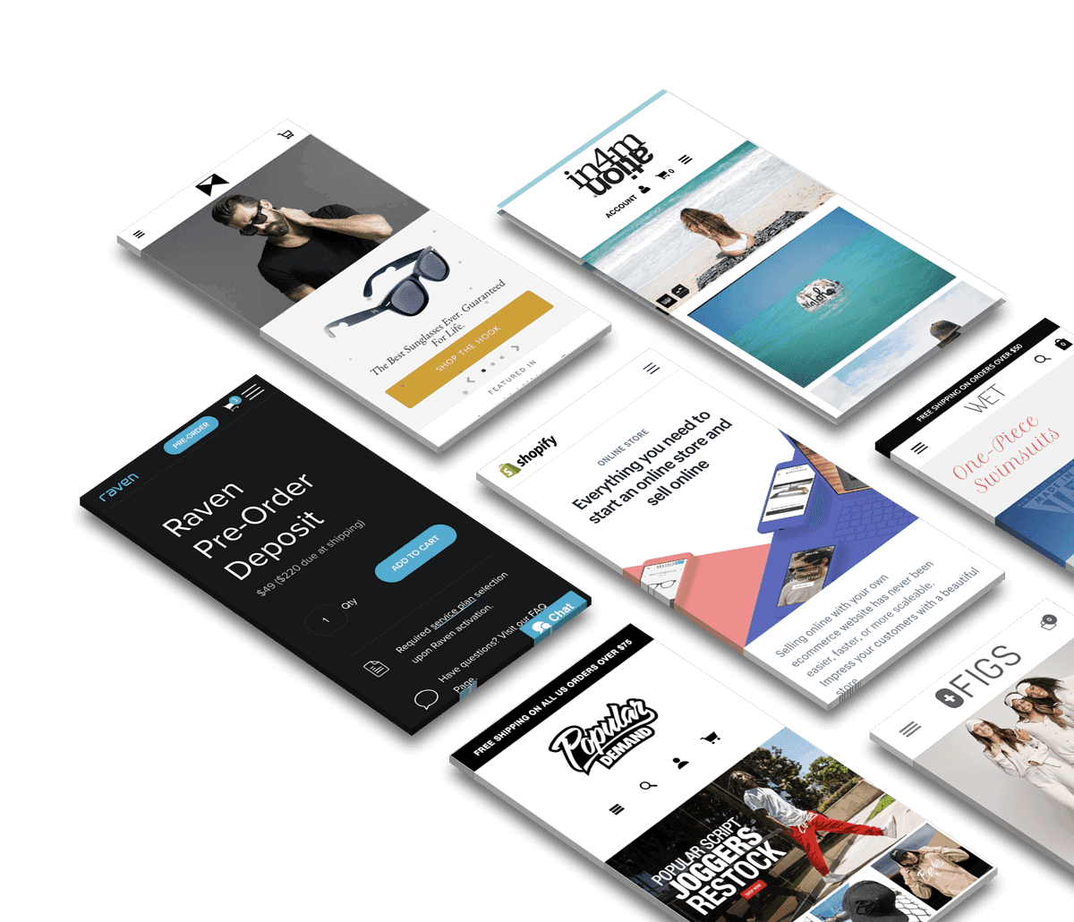 A montage of Shopify storefronts built by Caffeine and Commerce